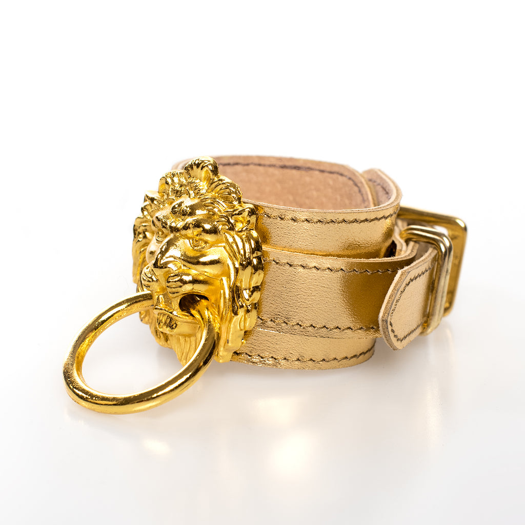 Mens Lion's Head Black Leather Gold Stainless Steel Bracelet